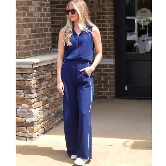 Spanx AirEssentials XL Pique Sleeveless Mockneck Jumpsuit Navy Wide Leg OpenBack - Picture 2 of 10